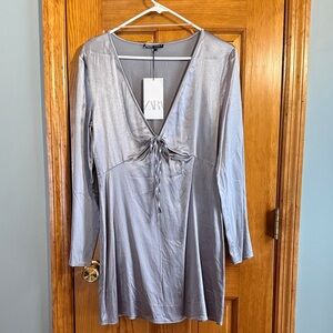 Zara Metallic Gray silver mini V-Neck Dress medium